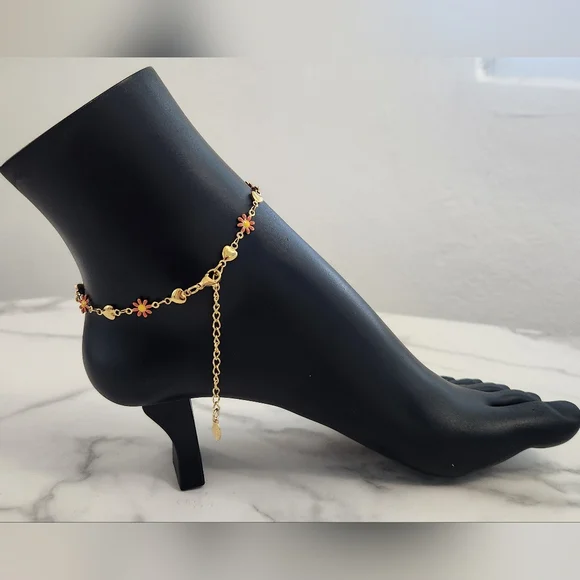 Gold Plated Heart and Enamel Daisy Charm Anklet - Picture 6 of 11